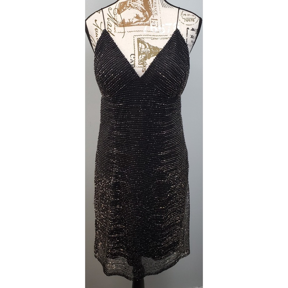 Adrianna Papell Evening Cocktail Dress Womens 12 Black Beaded Spaghetti Straps